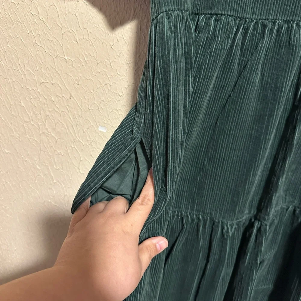 Madewell‎ Corduroy Aidy Square-Neck puff sleeve Tiered Mini Dress Hunter Green 6